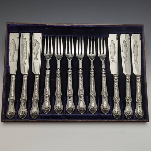 1877年 英国アンティーク 純銀製 カトラリー12ペア 計1475g Francis Higgins 木箱入り